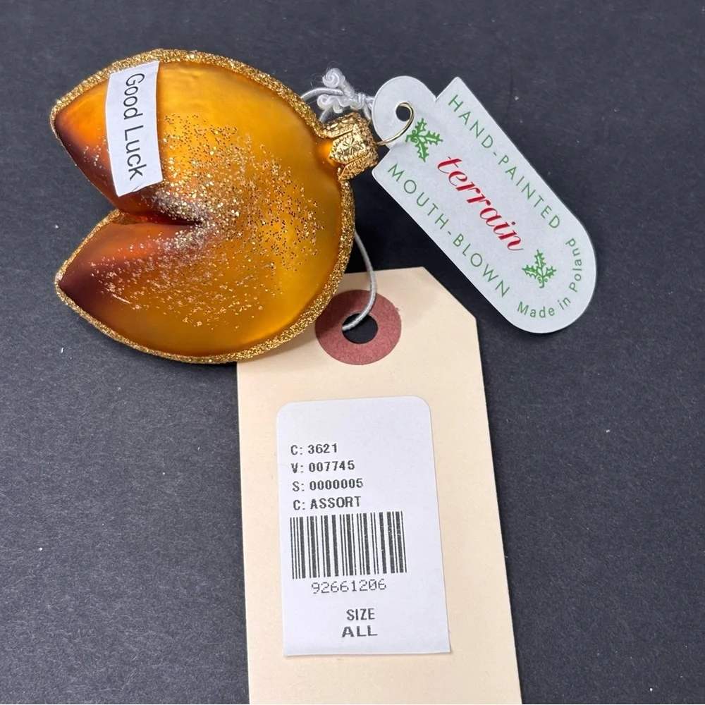 Anthropologie x Terrain Mouth Blown Glass Fortune Cookie Christmas Ornament New
